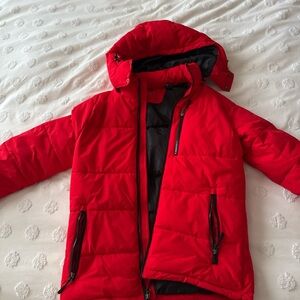 Red puffer jacket with hood